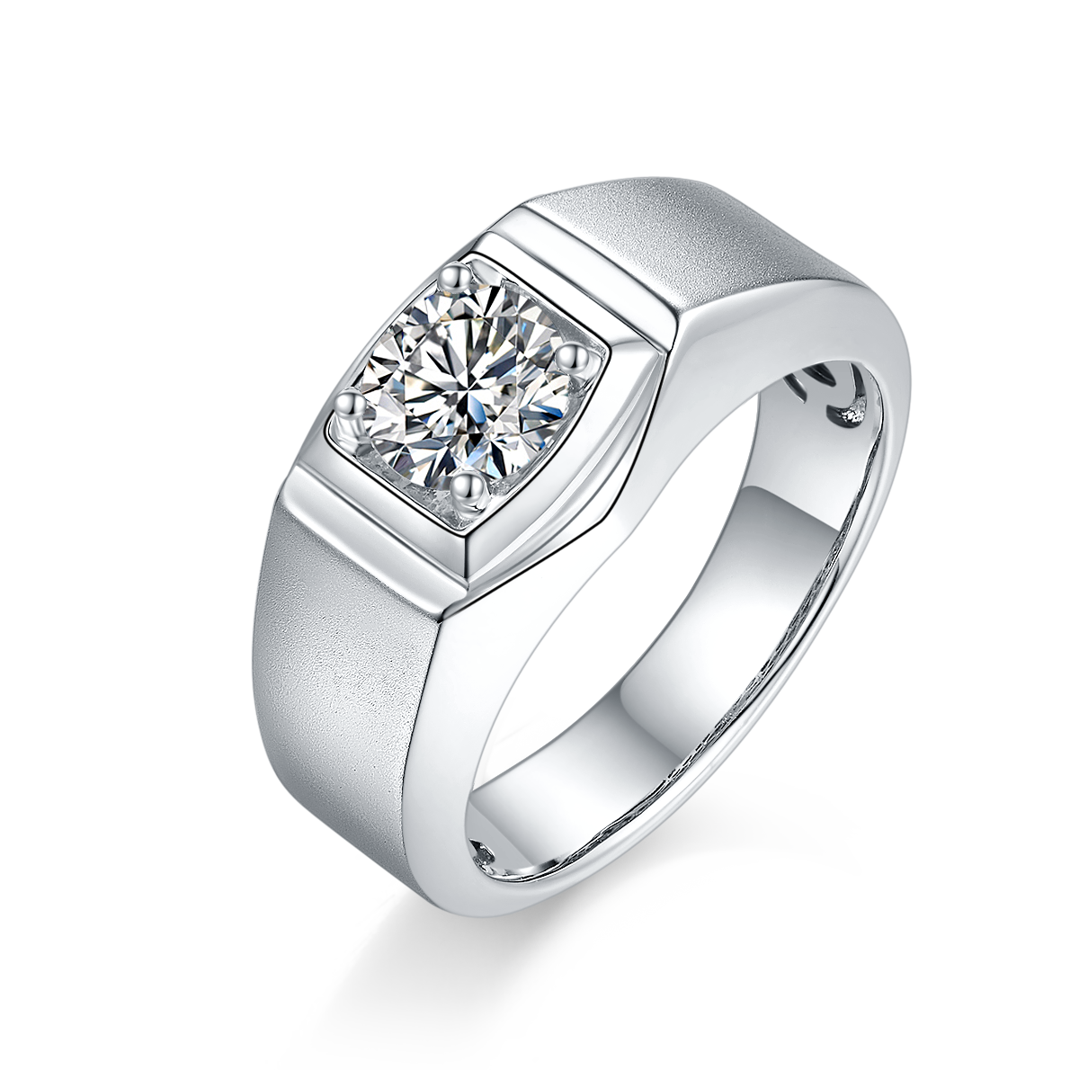 M74A S925 Silver Plated White Gold Moissan Diamond Men's Ring 1 Carat Grade D