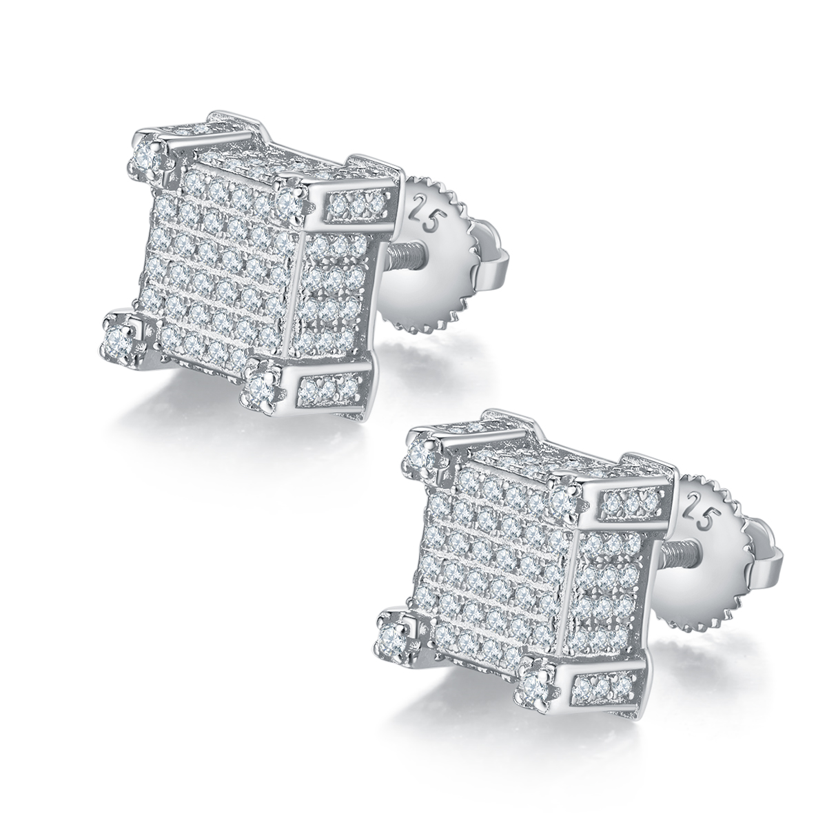 Square Post S925 Silver Stud Earrings with Threaded Moissan Diamond Centile D 1.06CT