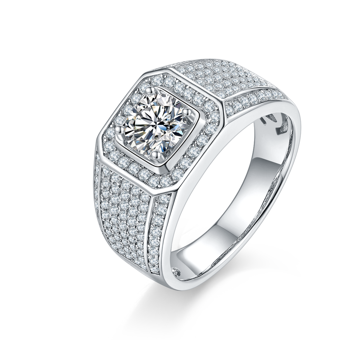 M76A S925 Silver Plated White Gold Moissan Diamond Men's Ring 1 Carat Grade D