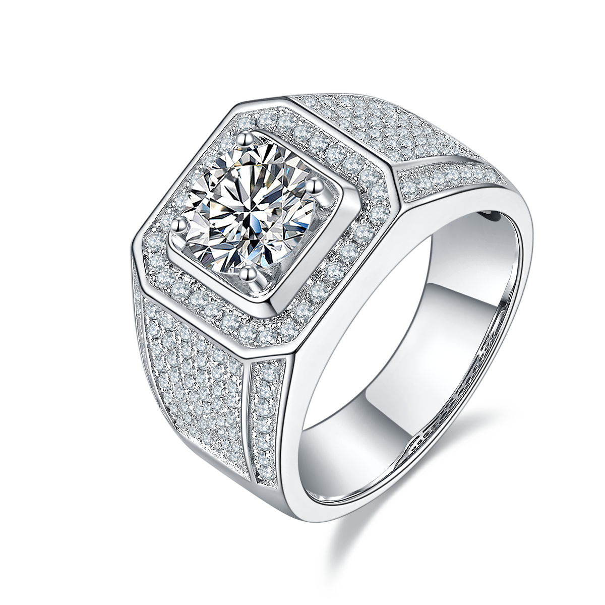 M76BS925 Silver Plated White Gold Moissan Diamond Men's Ring 2 Carat Grade D
