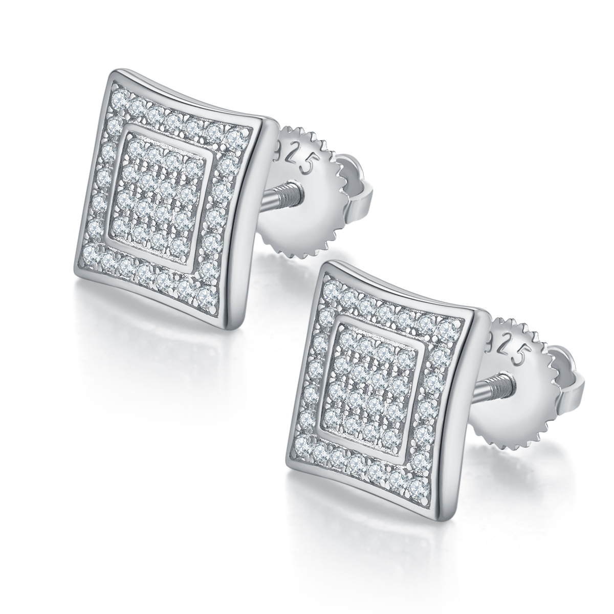 Square Twin Hubs S925 Silver Studs with Threaded Moissanite Centigrade Grade D 0.41CT
