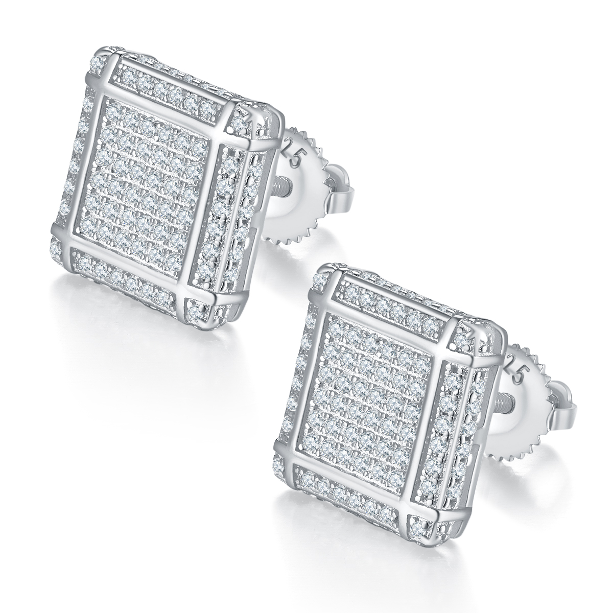 Square Lattice S925 Silver Studs with Threaded Moissan Diamonds D 0.77CT