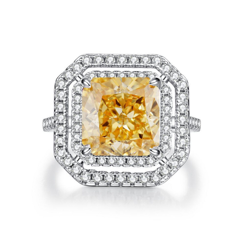 S925 Sterling Silver Yellow Diamond Square Full Diamond Ring High Carbon Diamond Zircon Radiant Cut Ring for Women