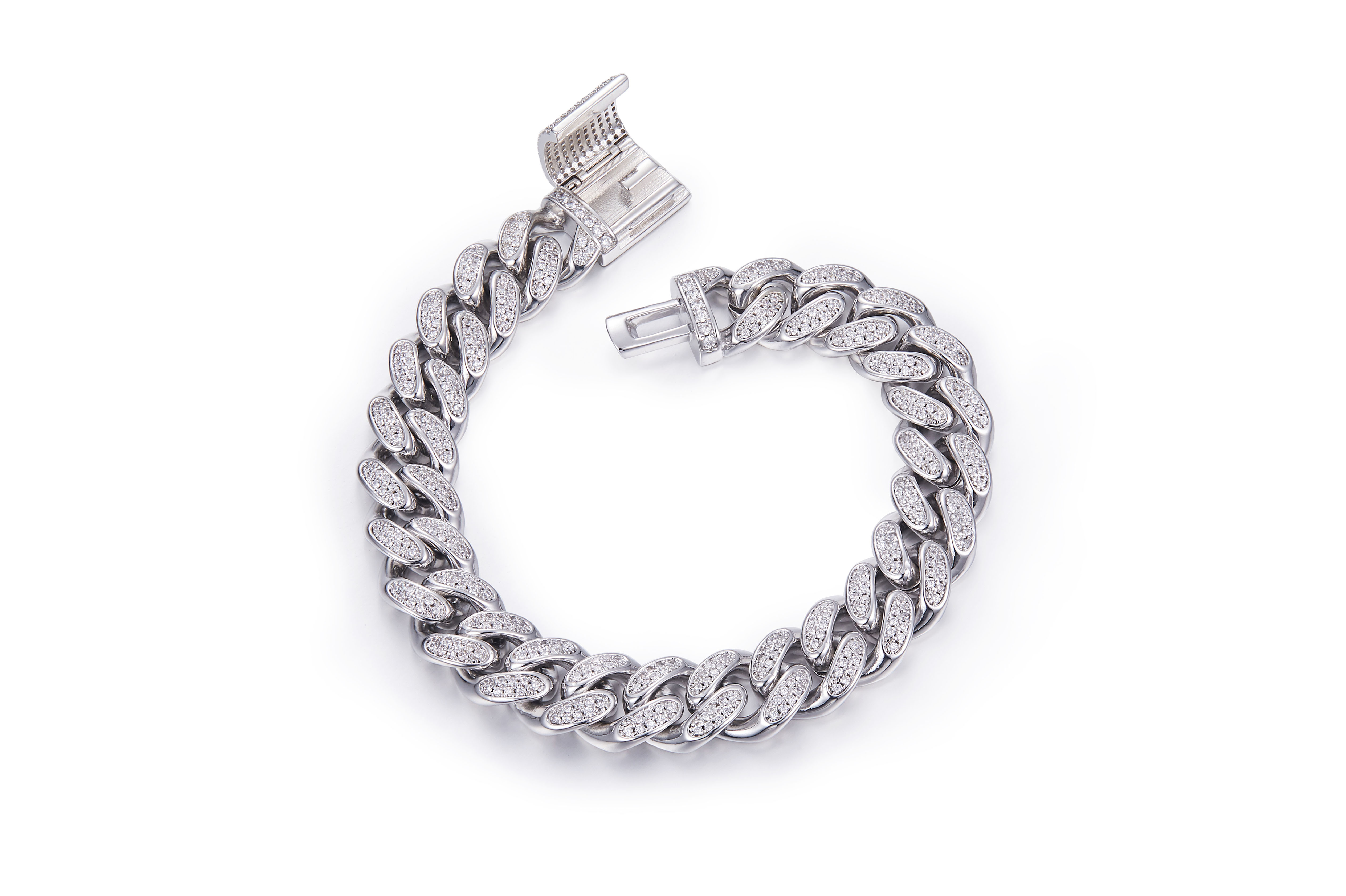 12mm wide Cuban Chain S925 Silver with Moissan Diamonds Criolite Round White DVVS