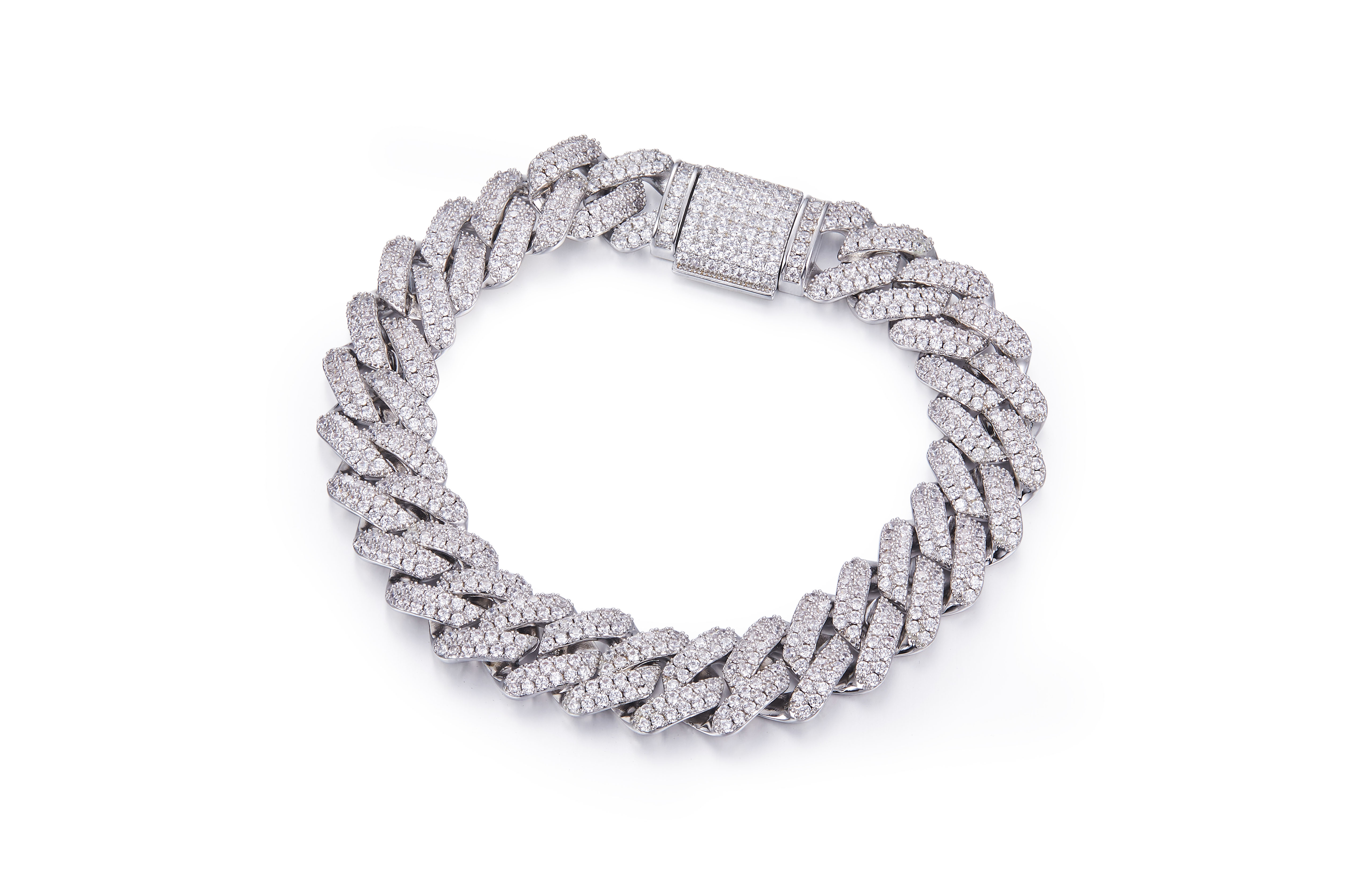 14mm Wide Cuban Chain S925 Silver with Moissan Diamonds Criolite Round White DVVS
